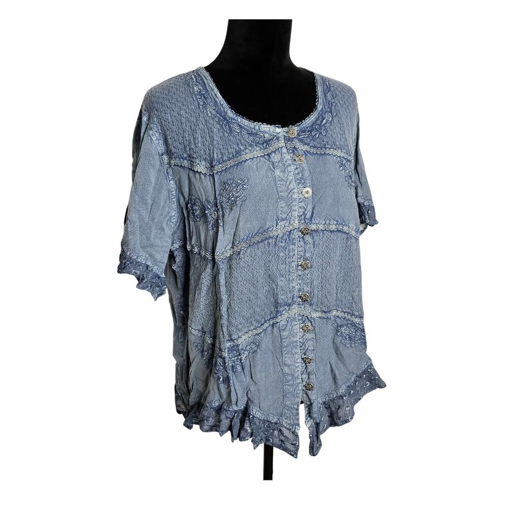 Vintage Coline Boho Embroidered Renaissance Blouse XXL Blue Mineral Wash Witchy